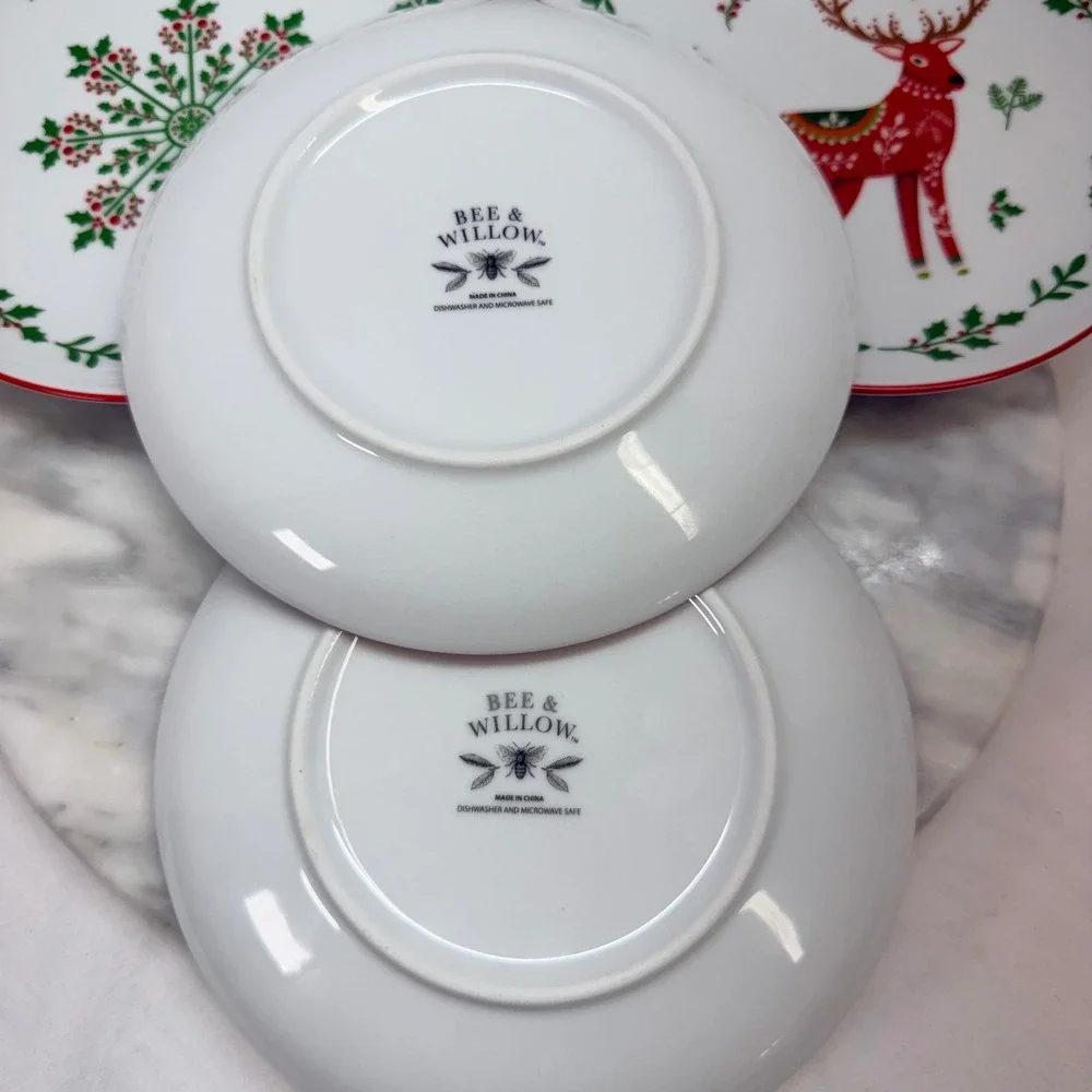 Bee & Willow Christmas Appetizer Plates Set of 4 Reindeer Tree Snowflake 7in